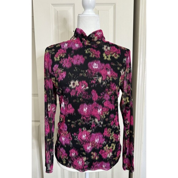Nine West Tops - Nine West Womens Print Pink Black Colorful Lined Sheer Blouse Turtleneck Size M